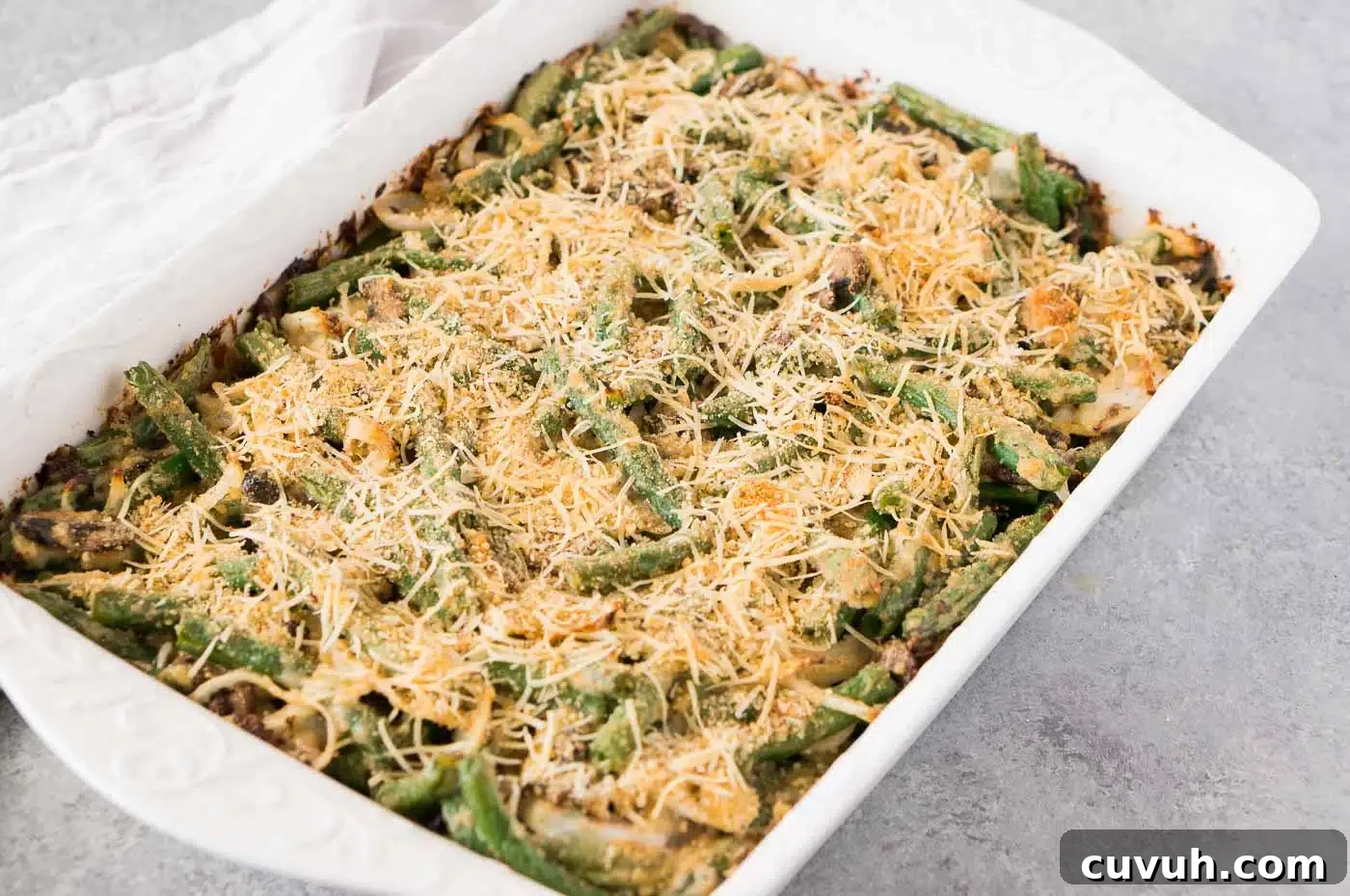 baked healthier green bean casserole in a baking dish