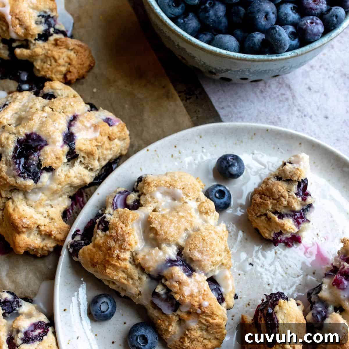 Blueberry Cardamom Scones Recipe — Flaky, Aromatic Breakfast Treat 5 Blueberry Scones on a white plate with icing.