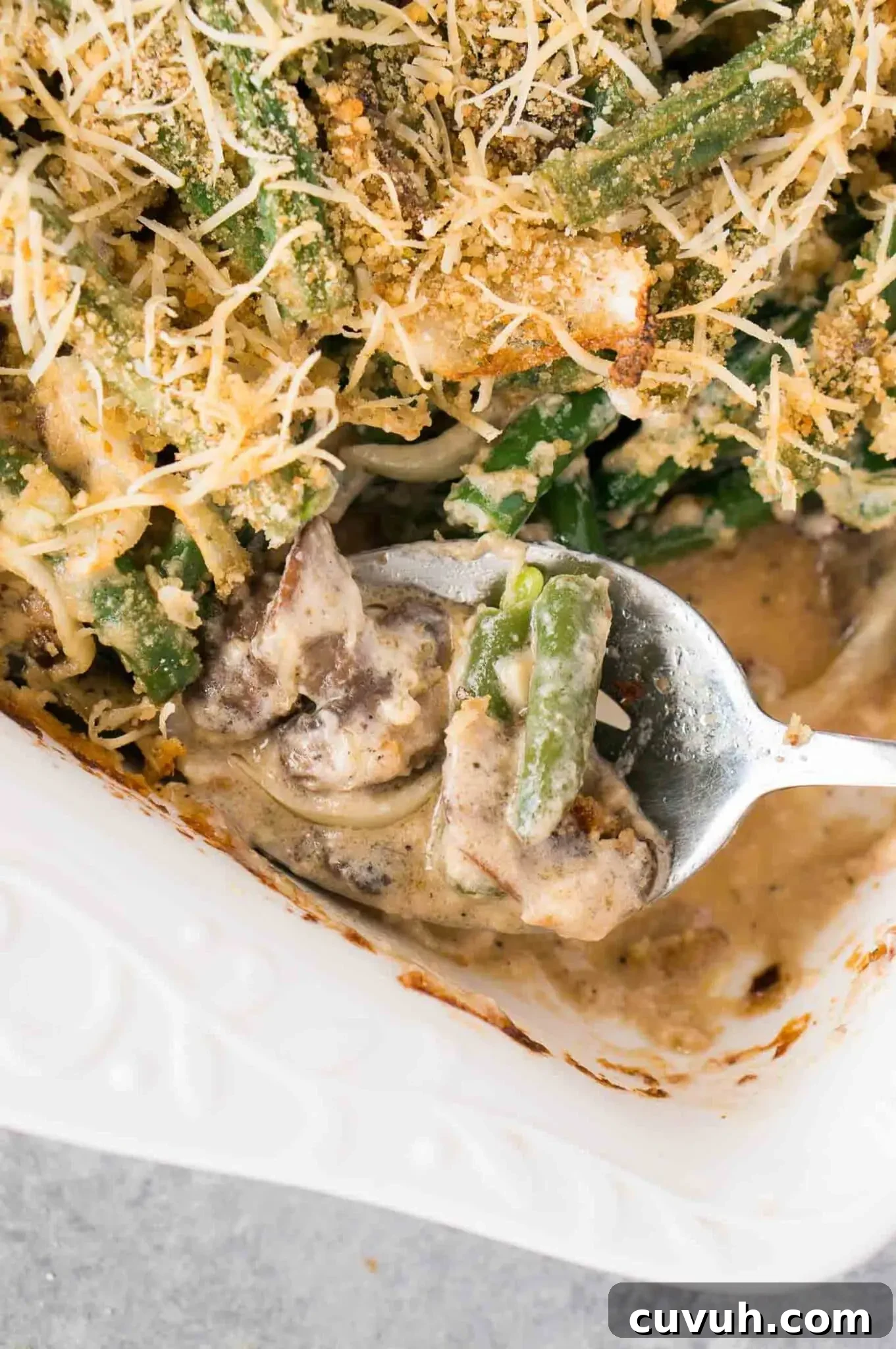 close up image of serving gluten-free green bean casserole