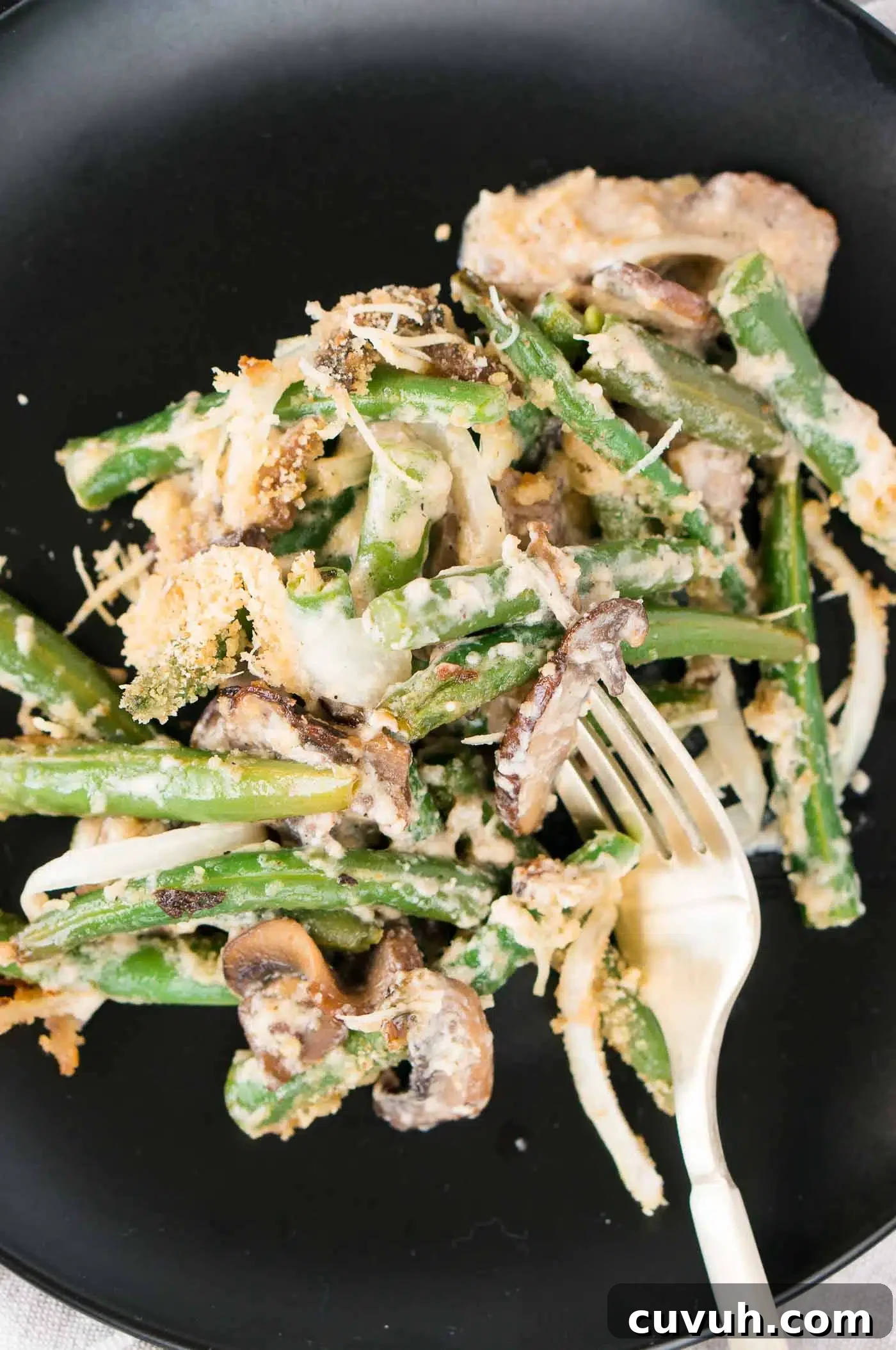 close up image of thanksgiving green bean casserole on a plate