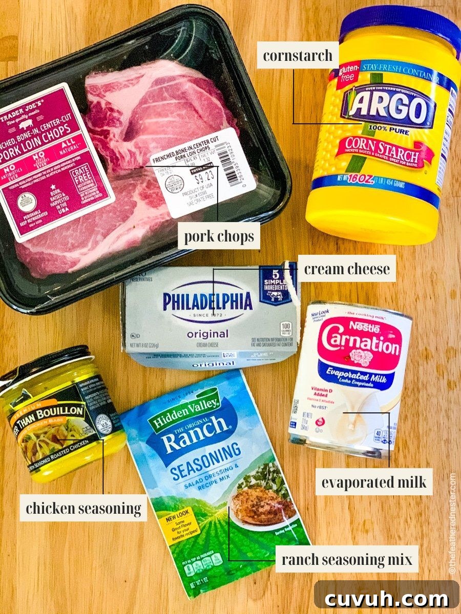 Creamy Pork Chops with Garlic Herb Sauce—Weeknight Dinner Recipe 3 Labeled ingredient image for crock pot ranch pork chops recipe.