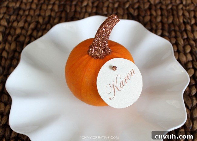 Easy to Create Glitter Top Pumpkin Place Cards for Fall or Thanksgiving entertaining