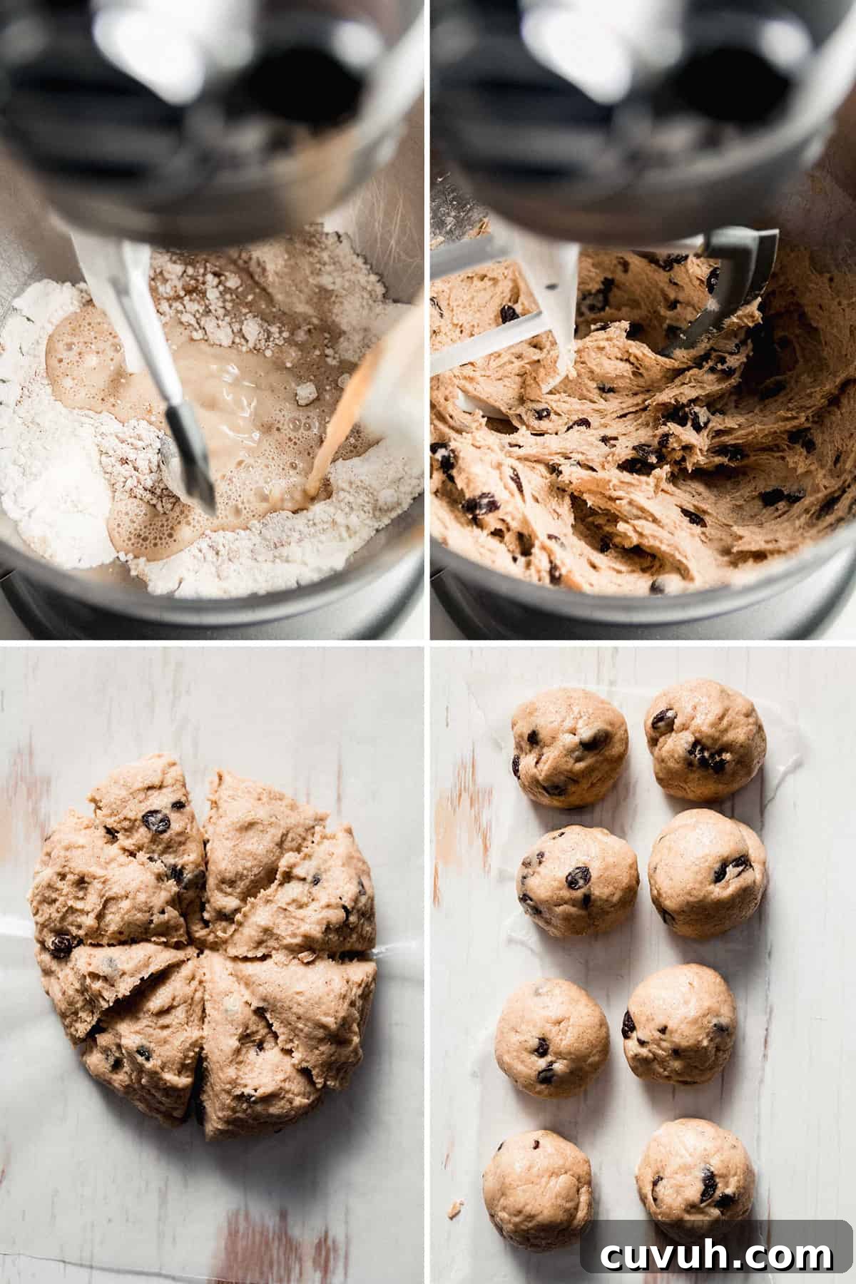 Mixing dough in stand mixer, dough divided Into 8 portions and rolled into balls.