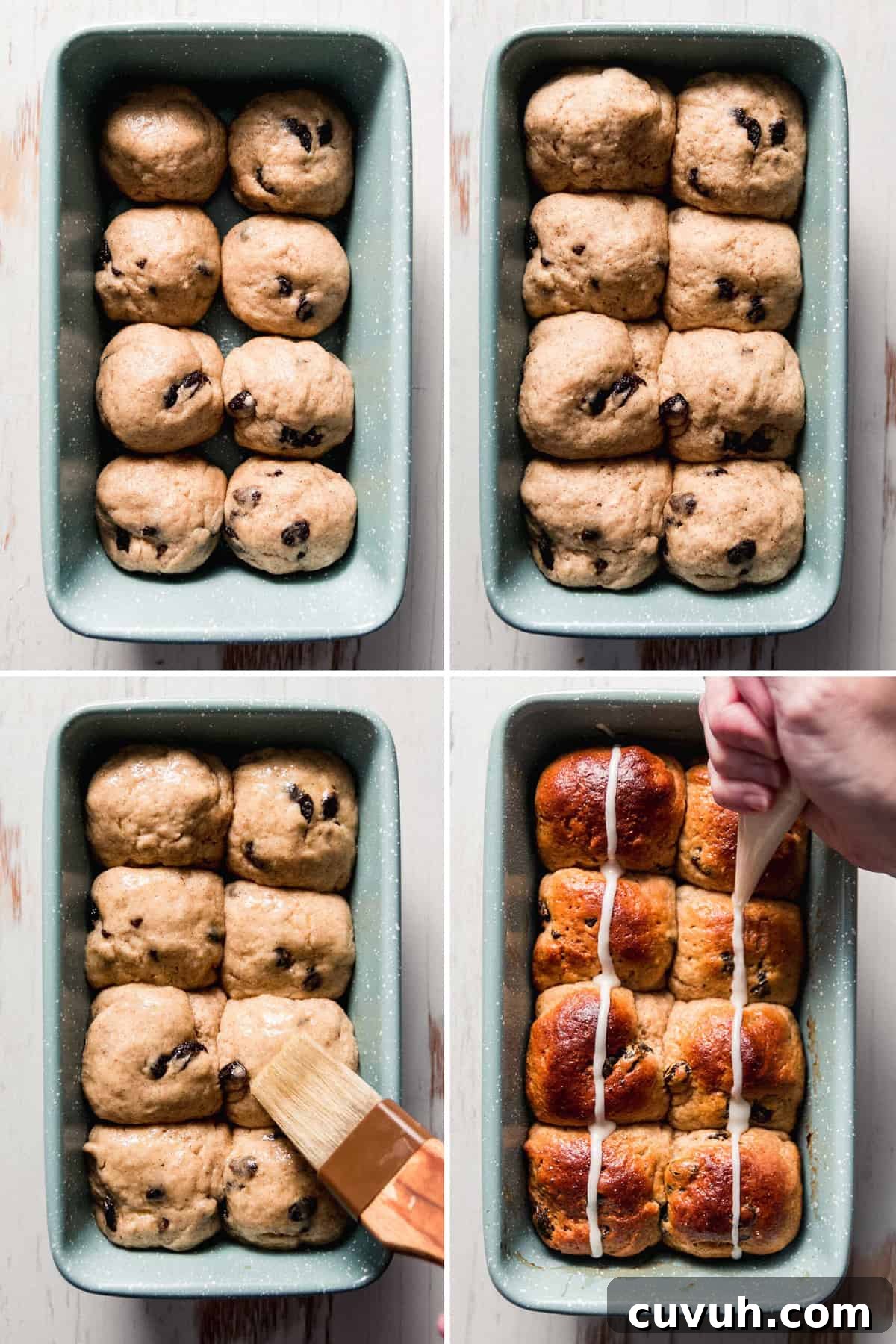 Dough balls in pan, risen, brushed with egg wash, baked and piped with icing.