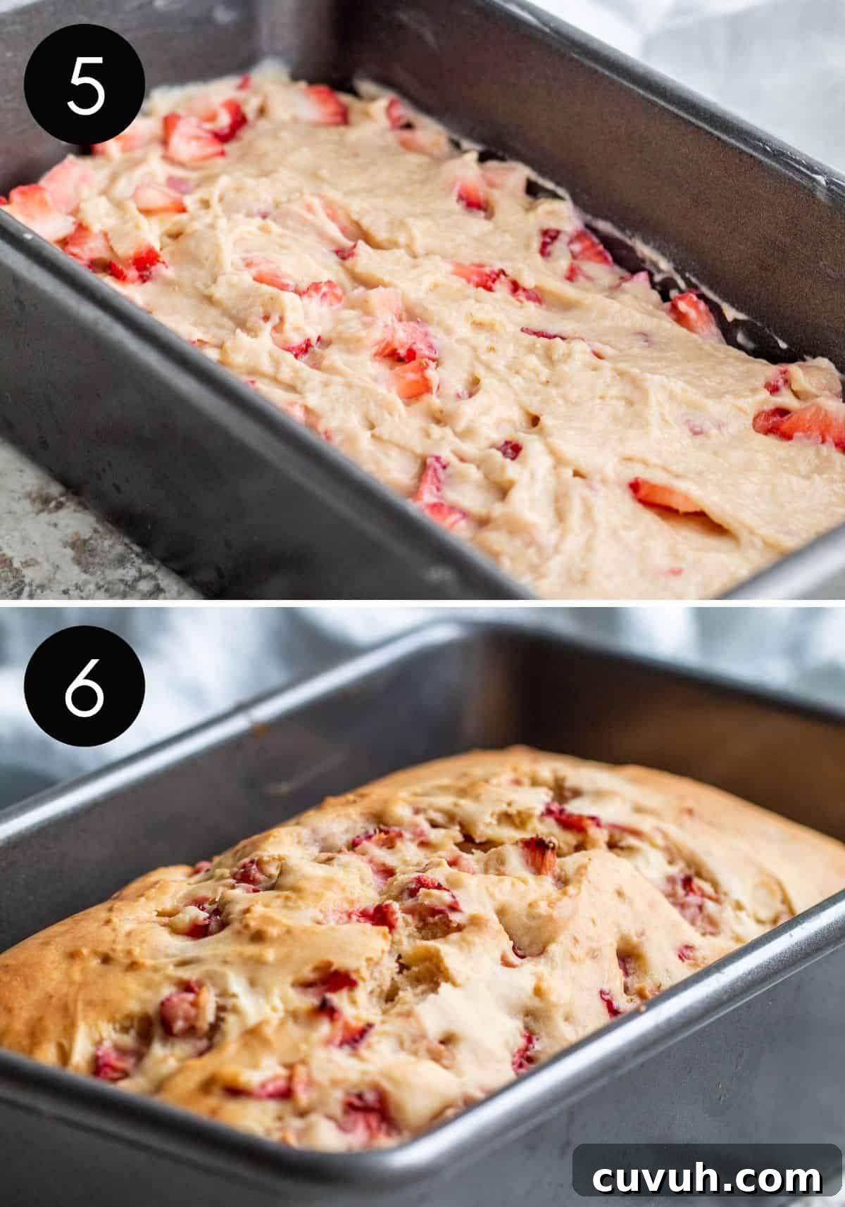 Two image collage with batter being put in pan and finished strawberry bread.