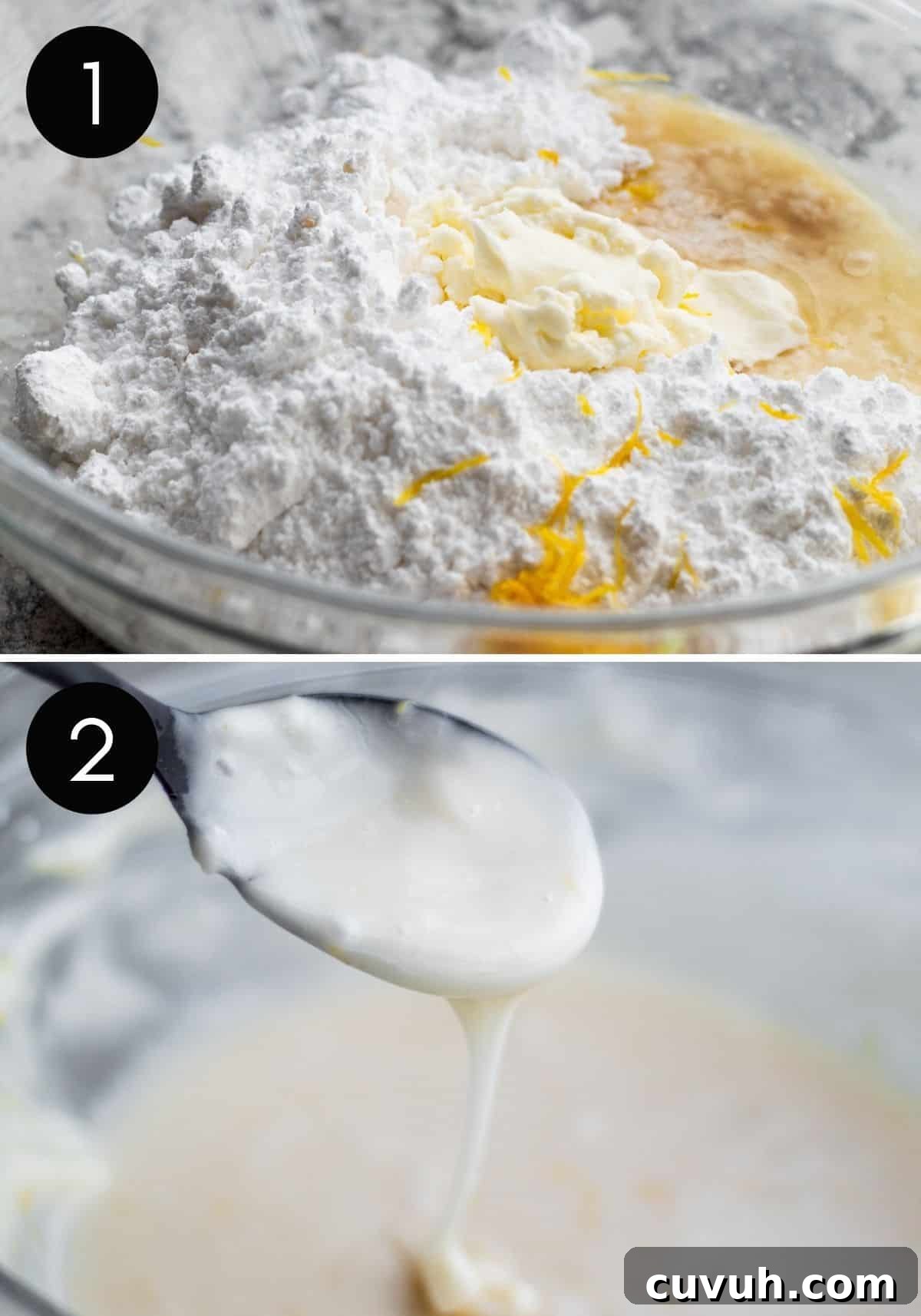 Lemon glaze prep picture collage with two photos of glaze being made in glass bowl.