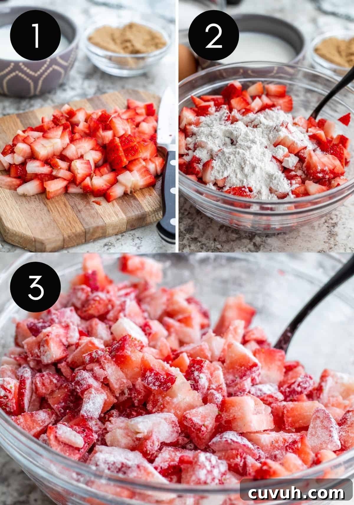 Three prep image collage showing strawberries being tossed in flour.