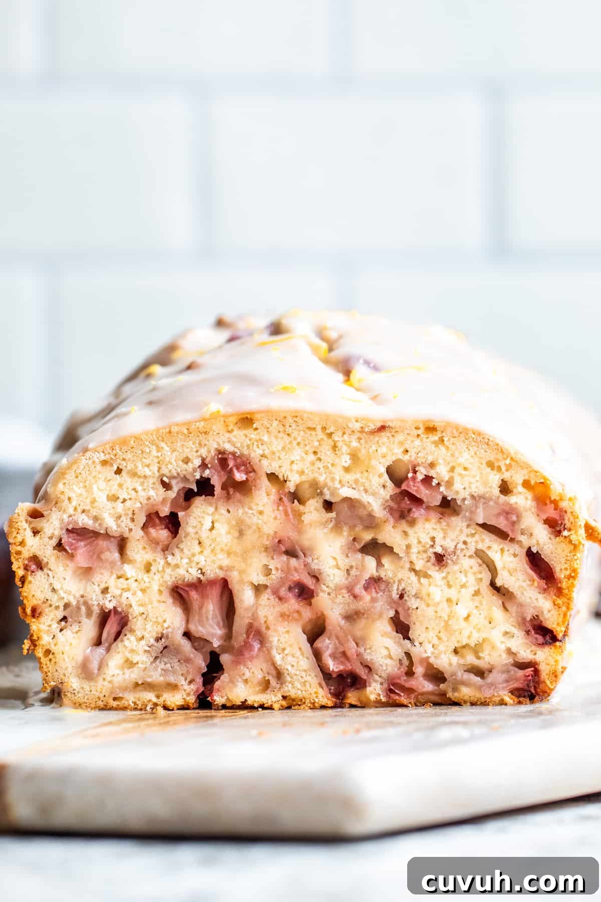 Strait on shot of finished strawberry loaf.
