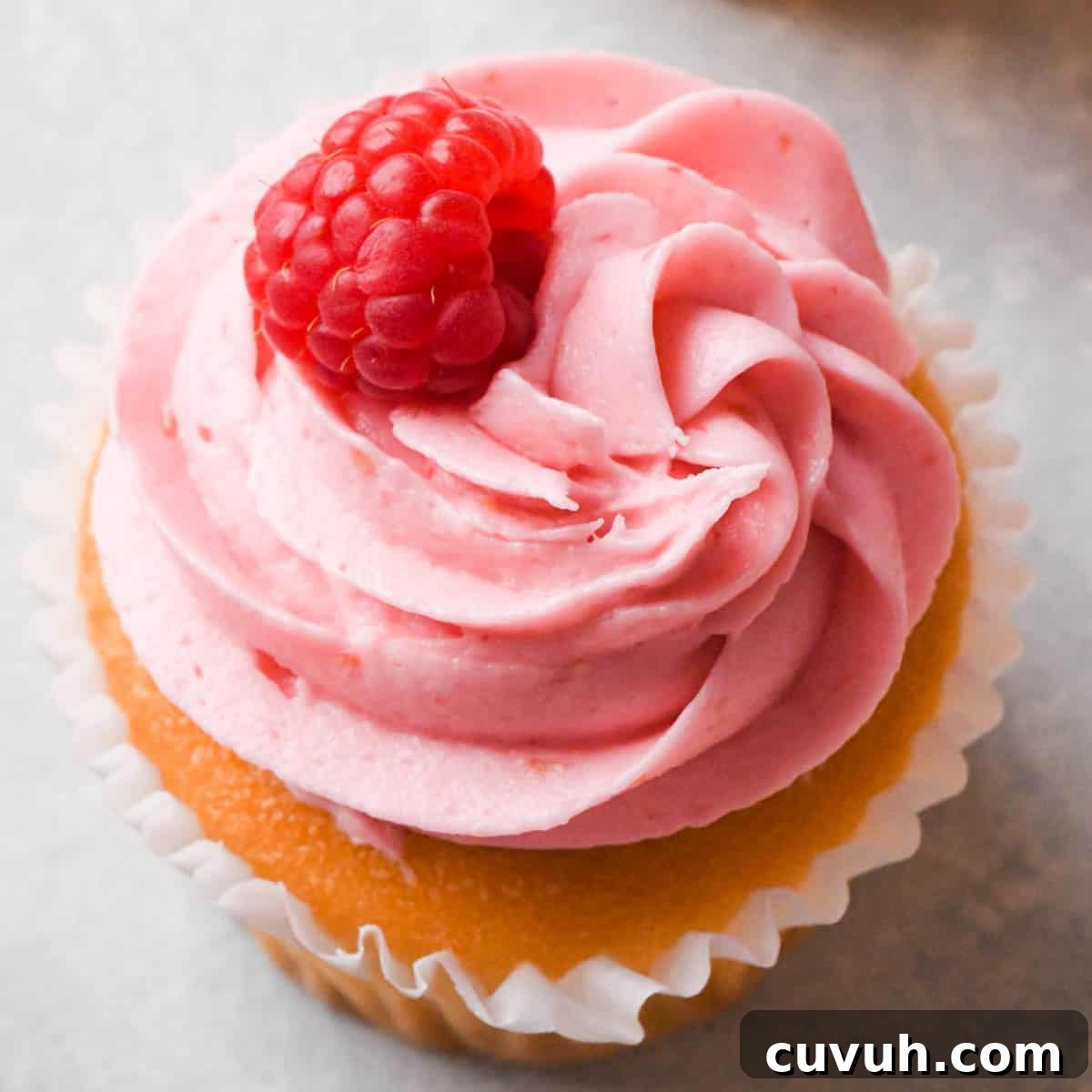 overhead view of raspberry frosting on top of a vanilla cupcake in a wrapper with a fresh raspberry on top