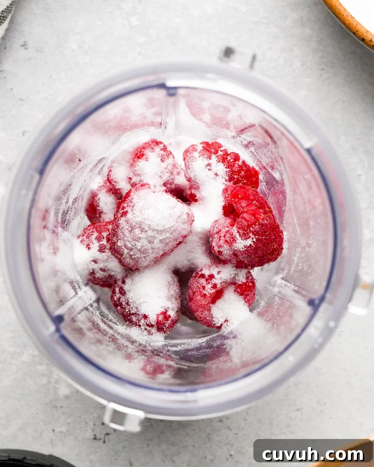 how to make raspberry frosting - overhead view of raspberries and sugar in a small blending container before blending