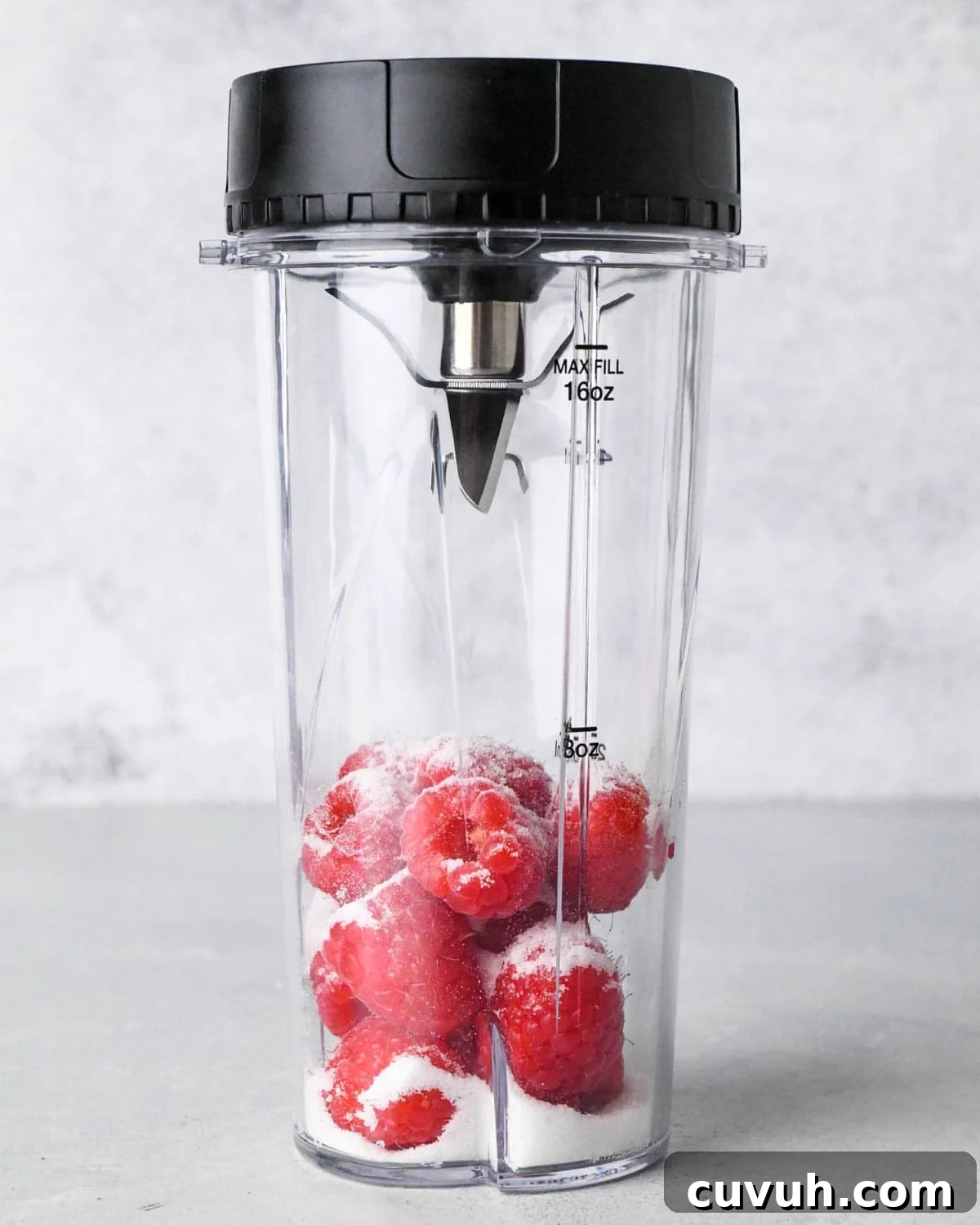 how to make raspberry frosting - front view of raspberries and sugar in a small blending container before blending
