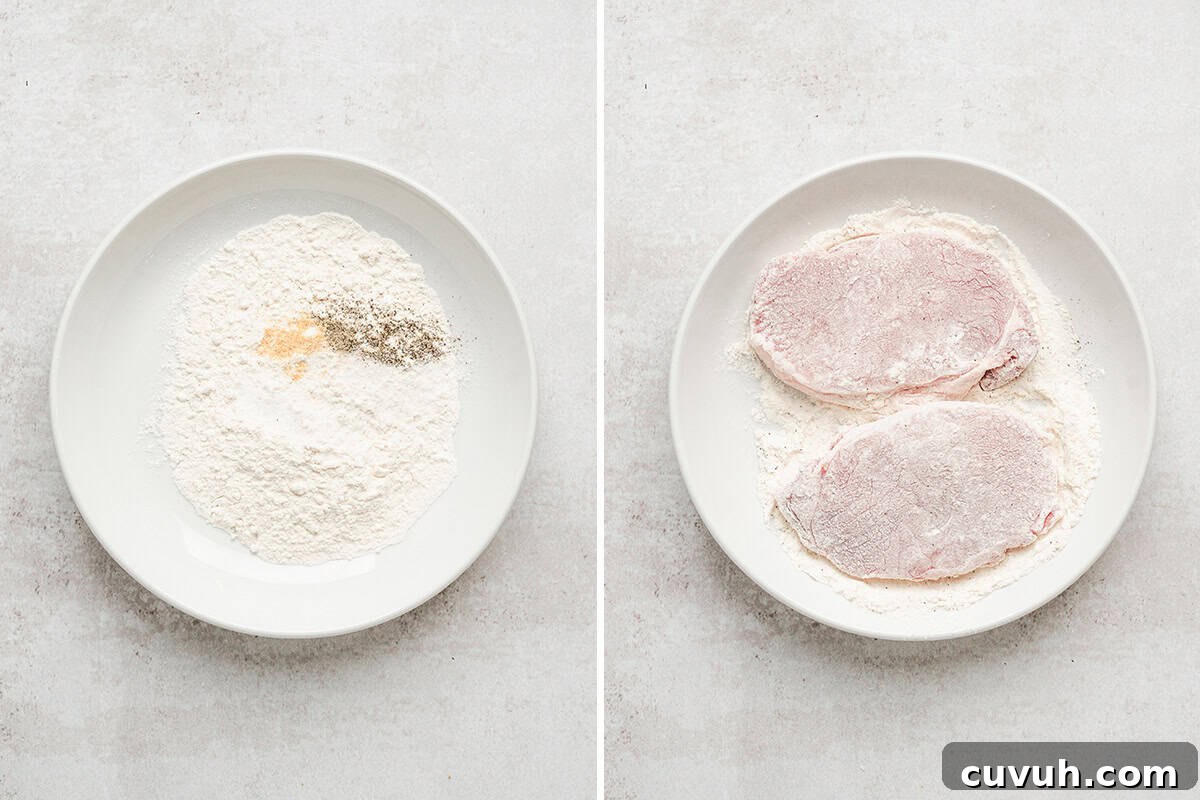 A bowl of flour and seasonings, followed by two pork chops in the same bowl coated in flour.