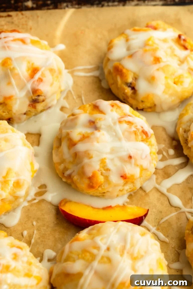 several biscuits on parchment paper with a drizzle of glaze and peach slices on the side.