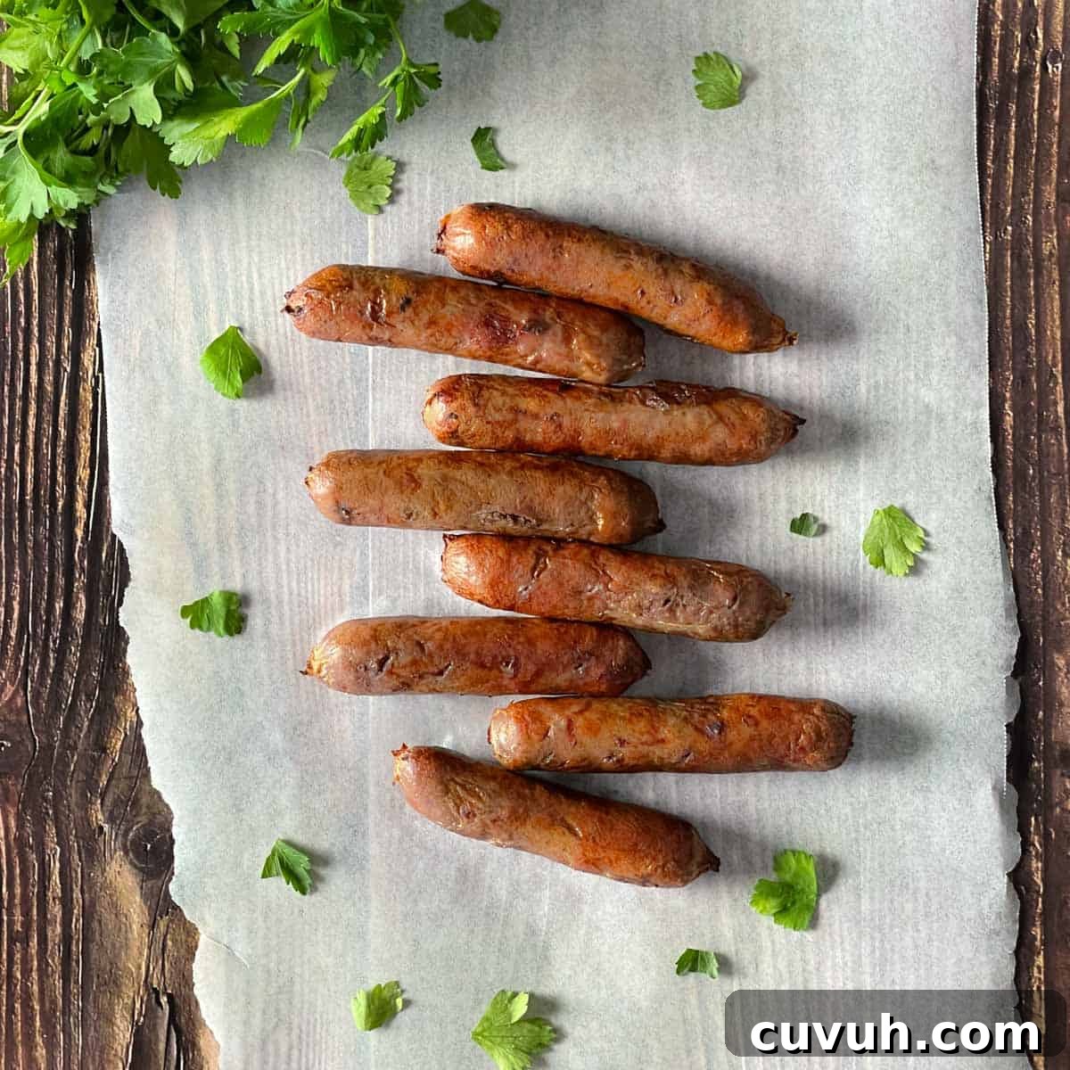Crispy Juicy Air Fryer Breakfast Sausages in 15 Minutes 2 Air fryer breakfast sausages placed on parchment paper with fresh cilantro in the background.