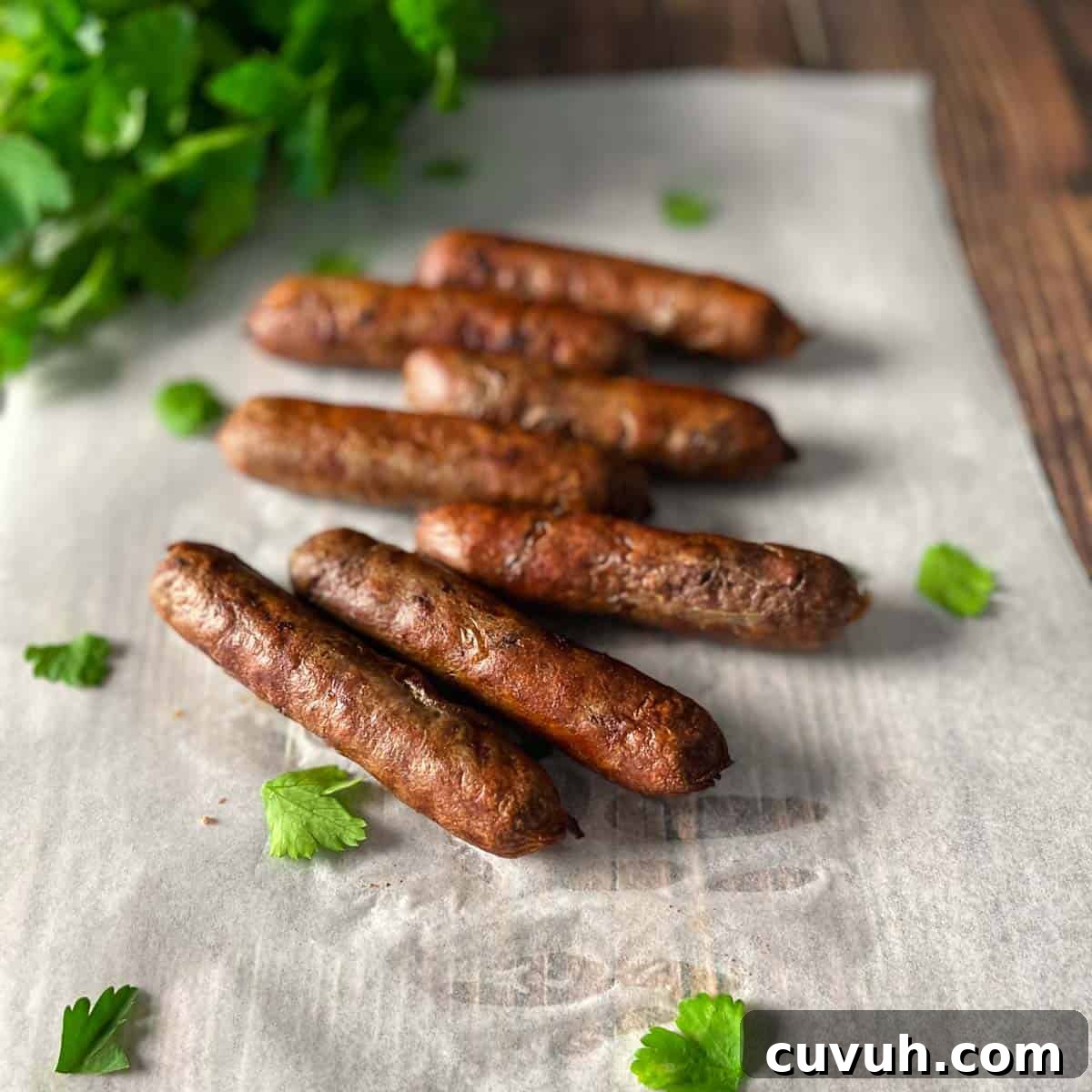 Crispy Juicy Air Fryer Breakfast Sausages in 15 Minutes 6 Juicy air fryer sausages on parchment paper with a bunch of cilantro in the background.