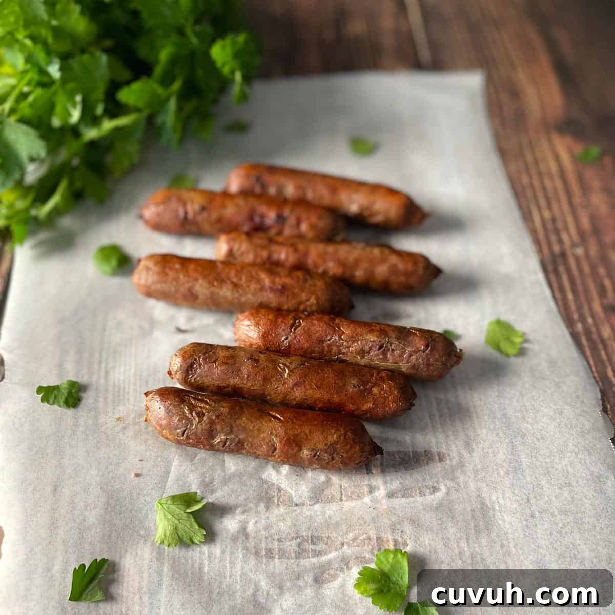 Crispy Juicy Air Fryer Breakfast Sausages in 15 Minutes 7 Perfectly cooked air fryer sausages on parchment paper with a bunch of cilantro.