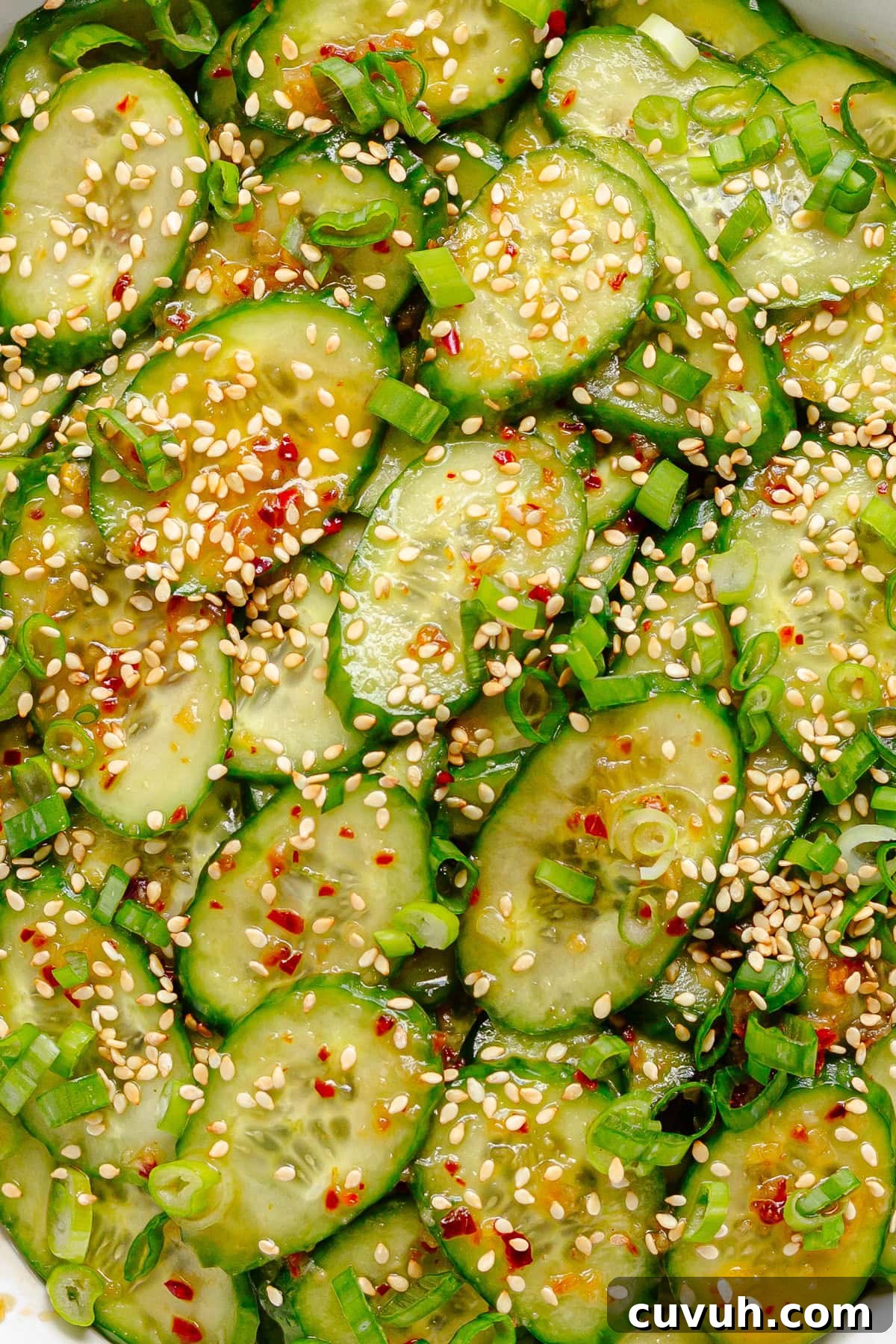 Close up of spicy cucumber salad.