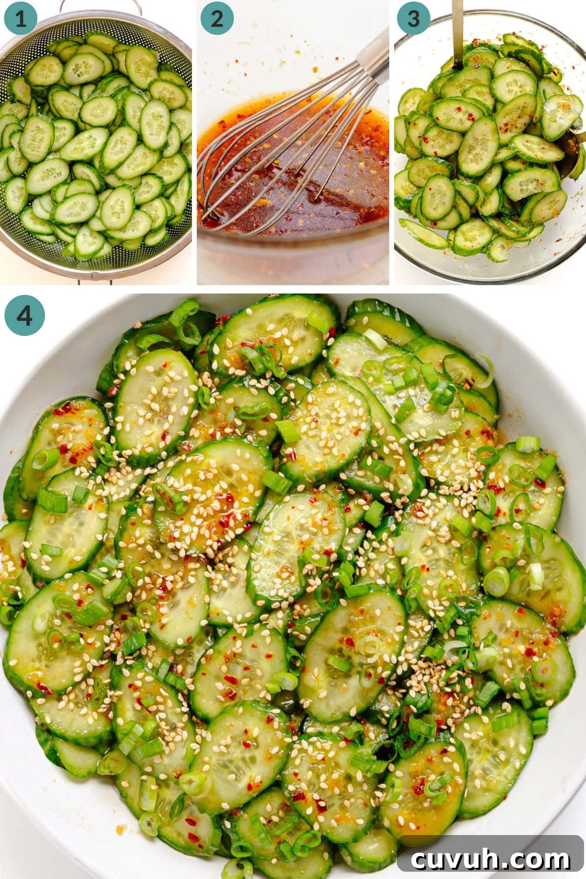 Numbered photo collage showing how to make spicy chili crisp cucumber salad.