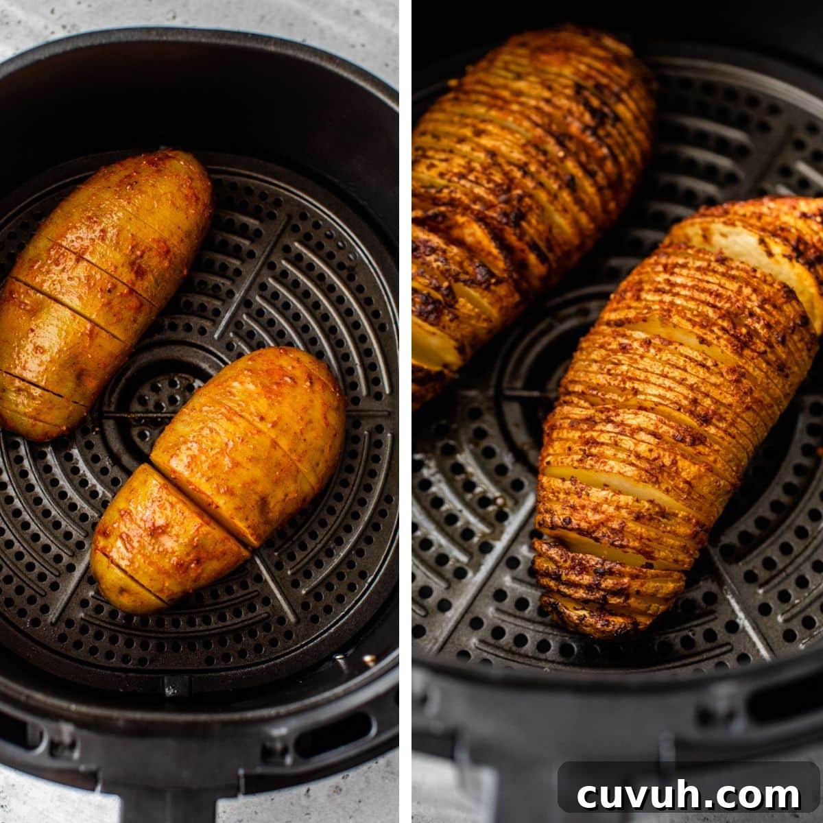 2 images: the left image shows hasselback potatoes in an air fryer and the right image shows the potatoes crispy and browned inside the air fryer