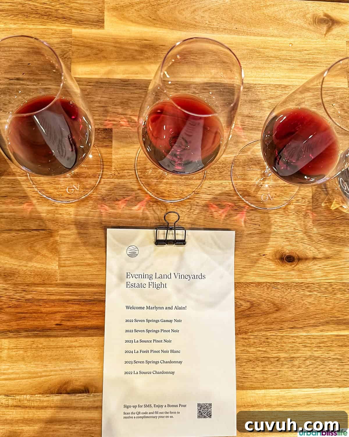red wine tasting glasses and menu.