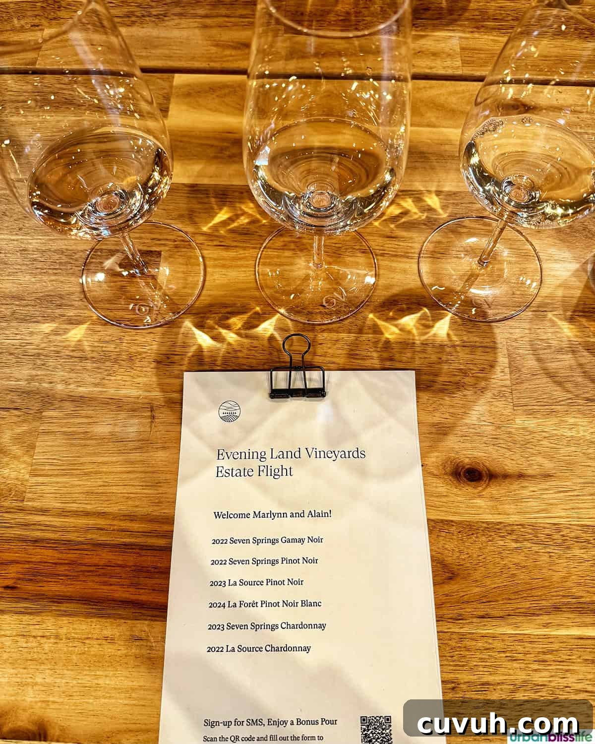 white wine tasting glasses and menu.