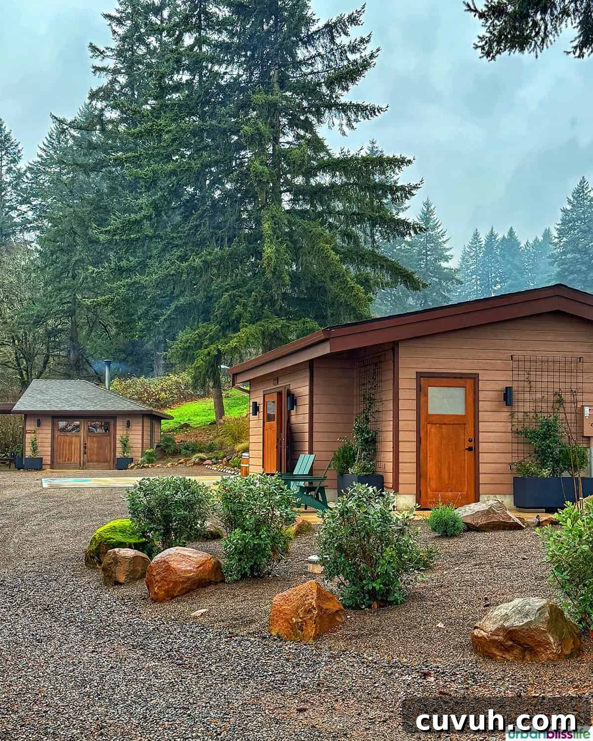 tasting cabins at Evening Land Vineyards.