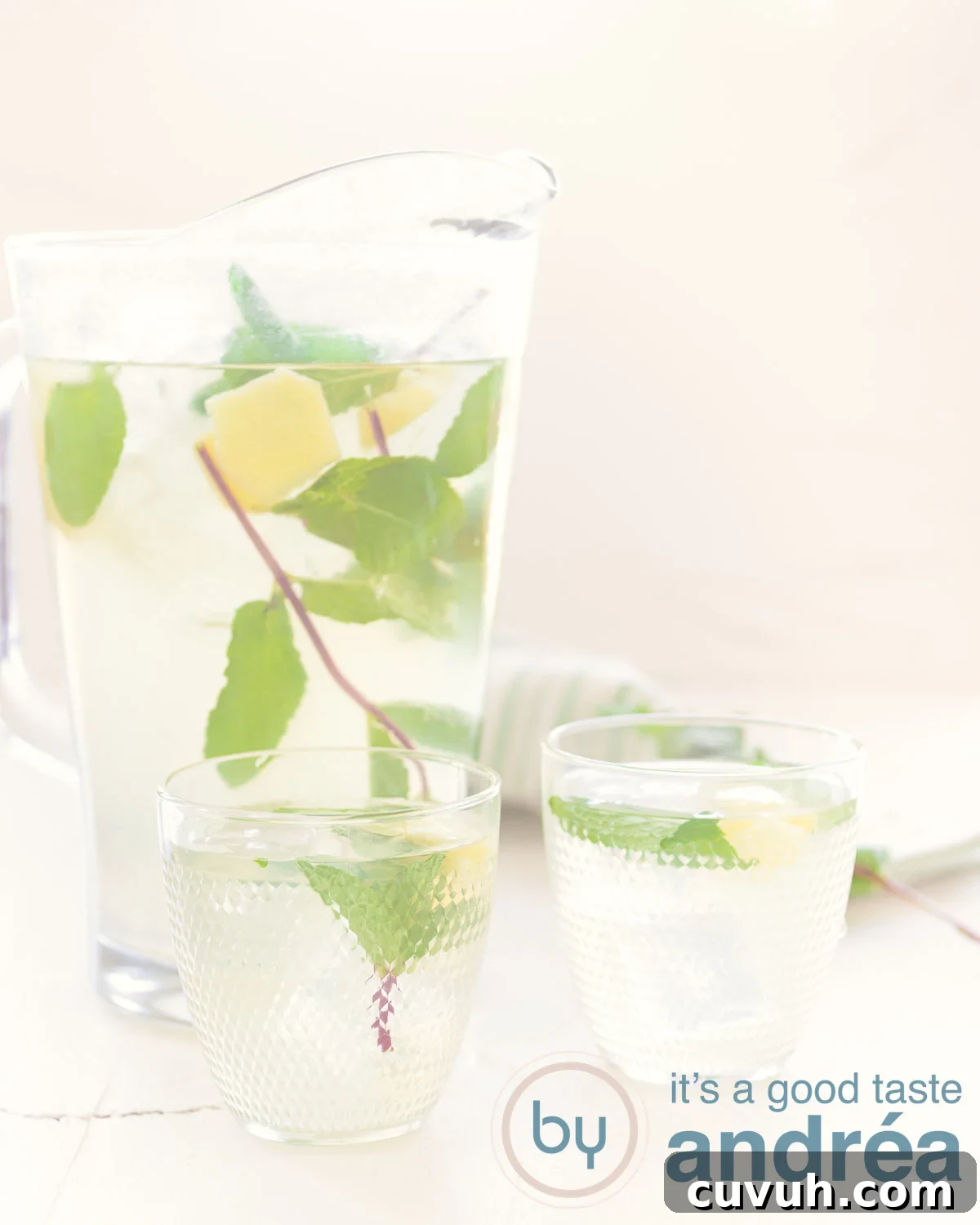 Homemade Ginger Iced Tea Recipe: Refreshing Brew for Summer 4 A glass and jar filled with ginger iced tea. Added are mint and slices ginger. A white background