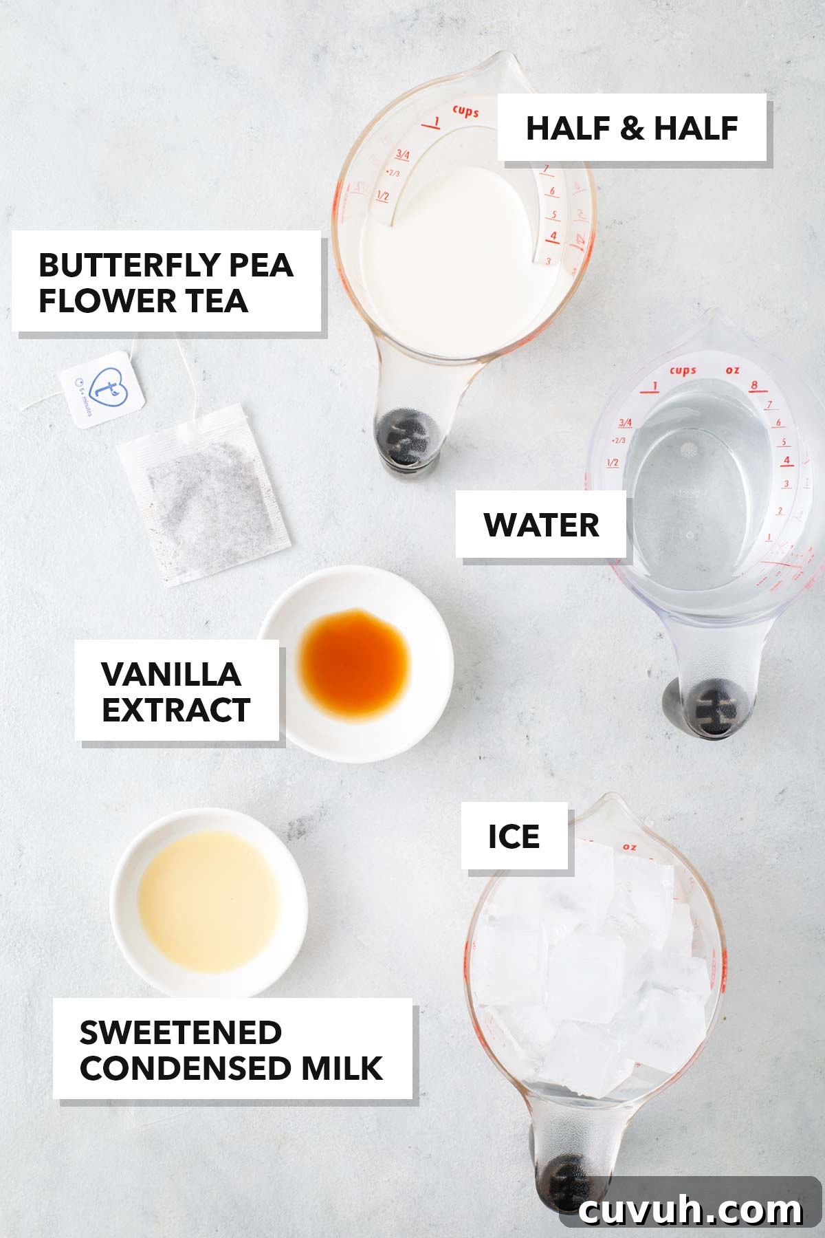 Ingredients to make an Iced Butterfly Pea Flower Tea Latte.