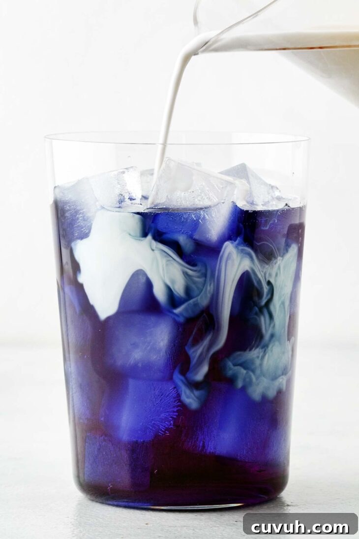 Pouring milk mixture into a cup with blue tea and ice.