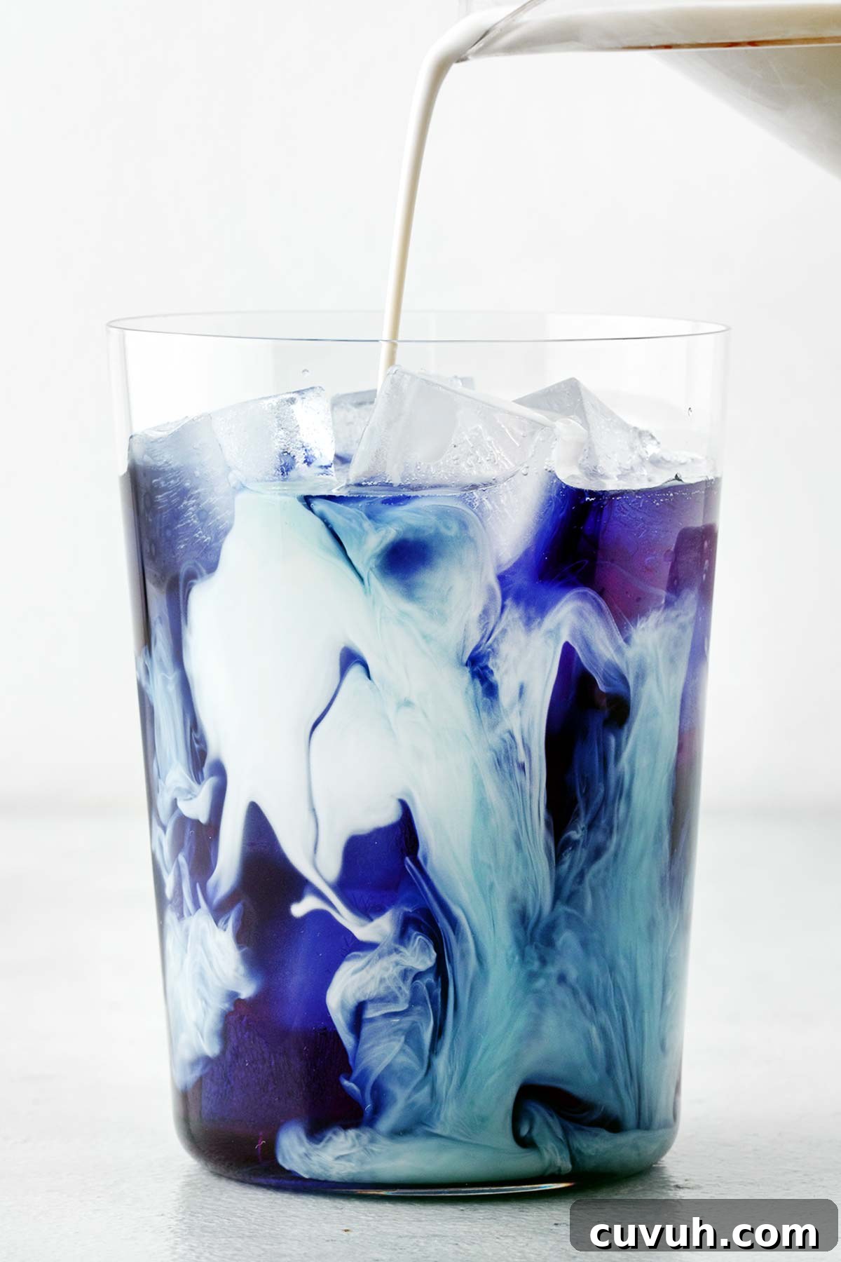 Pouring milk mixture into a cup with blue tea and ice.