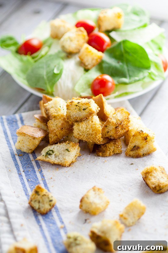 Crispy Garlic Croutons Recipe for Salads and Soups 2 Homemade Garlic Croutons recipe - Skip the store bought croutons and make this crunchy, buttery, and zesty Homemade Garlic Croutons recipe for the perfect delicious topping on your favorite salad! These look so good.