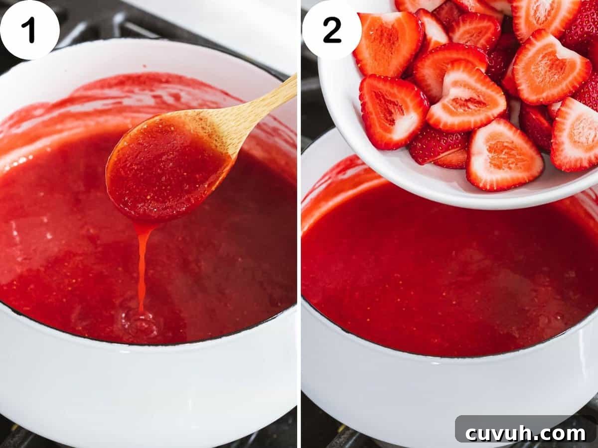 Decadent Strawberry Cheesecake Recipe with Fresh Berry Topping 12 Adding fresh strawberries to strawberry puree for cheesecake topping.