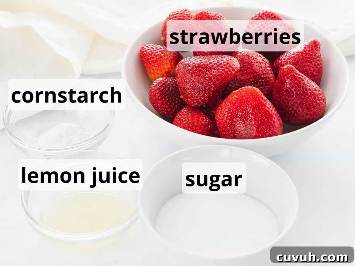 Decadent Strawberry Cheesecake Recipe with Fresh Berry Topping 6 Ingredients for strawberry topping with text.