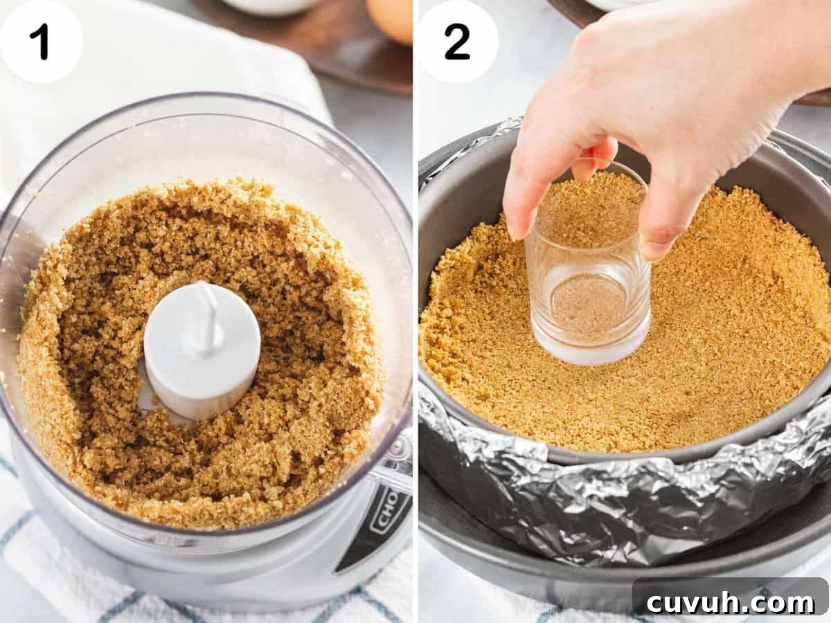 Decadent Strawberry Cheesecake Recipe with Fresh Berry Topping 7 Graham cracker crumbs made in a food processor and pressed into a springform pan wrapped with foil.