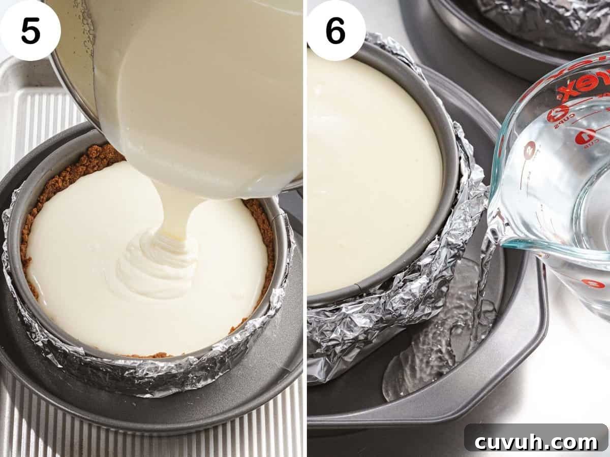 Decadent Strawberry Cheesecake Recipe with Fresh Berry Topping 9 Classic cheesecake batter poured into a springform pan in a water bath.