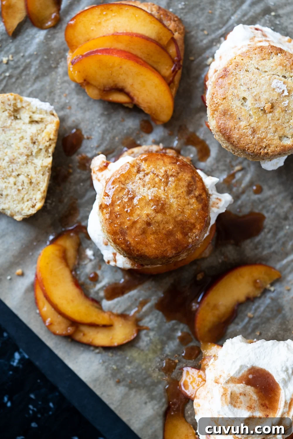 Keto Peach 'n' Cream Shortcake Recipe for Low-Carb Desserts 11 Overhead shot of keto peach shortcakes with peach slices and whipped cream