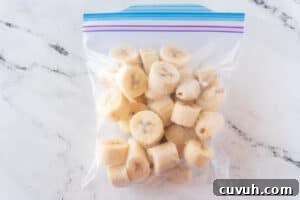 How to Freeze Bananas for Smoothies, Baking, and Snacks 19 frozen banana chuncks in freezer bag