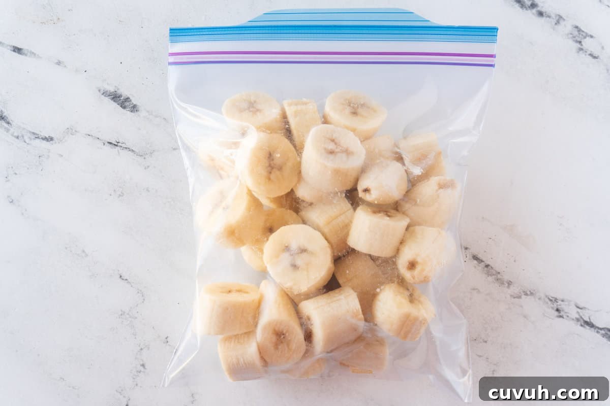 How to Freeze Bananas for Smoothies, Baking, and Snacks 6 frozen banana chuncks in freezer bag