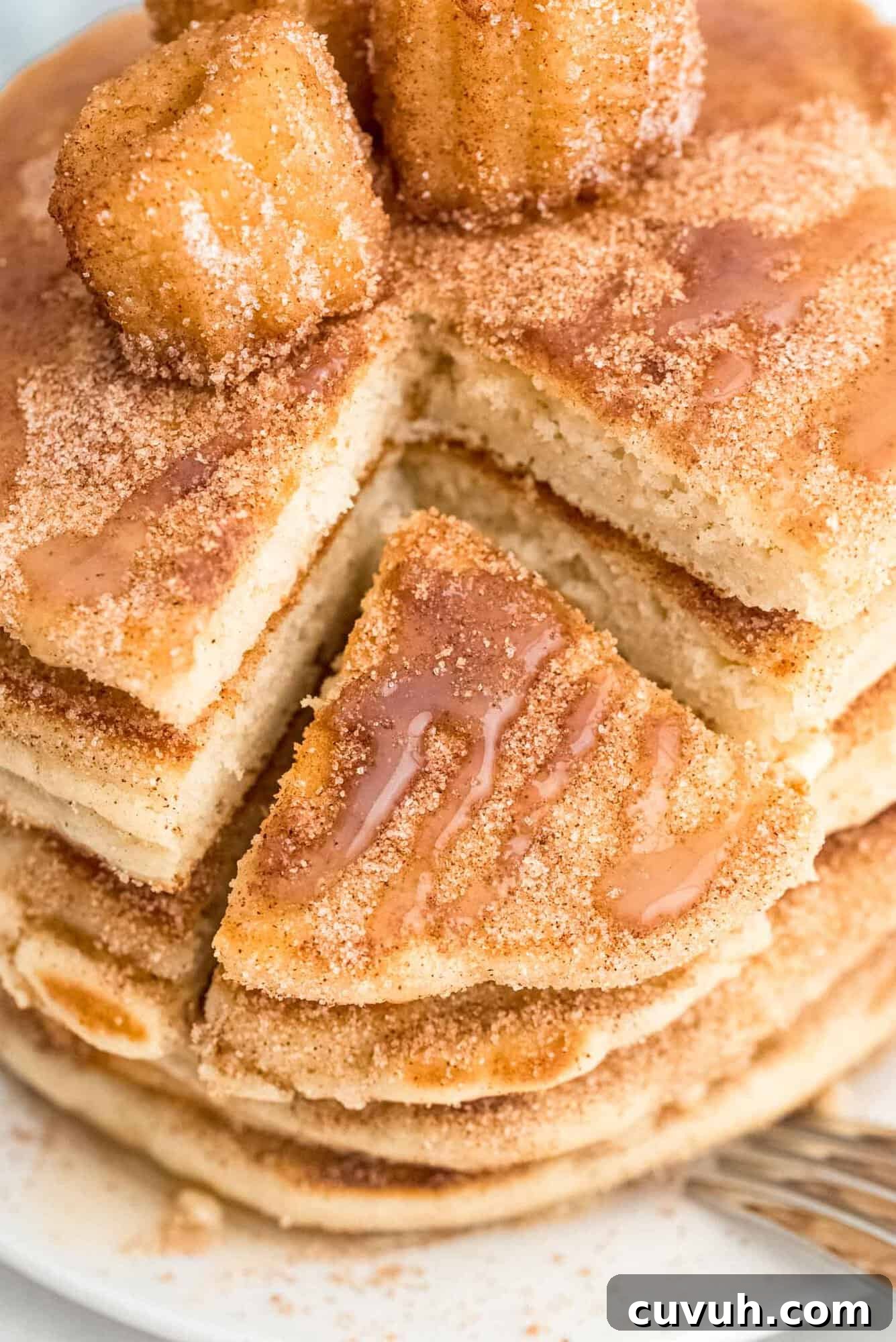 A stack of cinnamon-sugar pancakes with a wedge cut out, topped with churros and drizzled with syrup on a white plate.