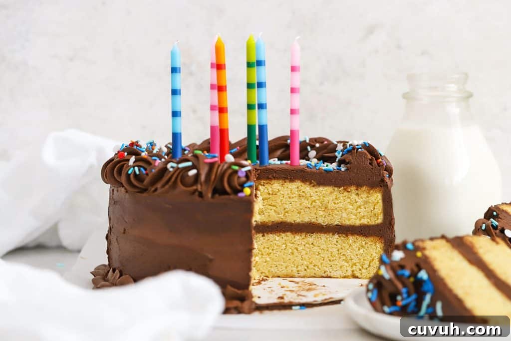 Moist Gluten-Free Yellow Sheet Cake Recipe for Parties 13 gluten-free yellow cake with chocolate frosting, colorful sprinkles, and colorful striped birthday candles