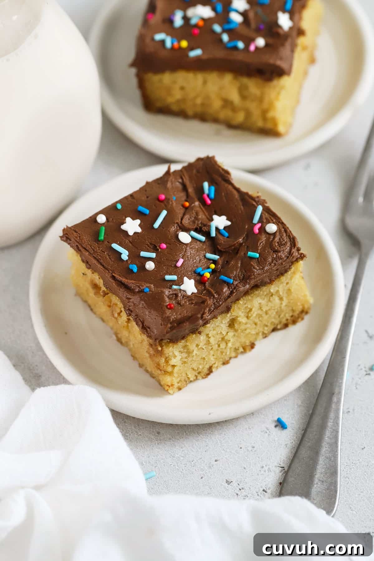 Moist Gluten-Free Yellow Sheet Cake Recipe for Parties 8 A slice of gluten-free yellow sheet cake with chocolate frosting and colorful sprinkles