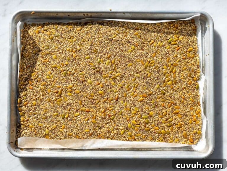 Crispy Seed Crackers: Flour-Free Savory Snack Recipe 12 Step 3 Fully baked seed cracker sheet, golden and dry, ready to cool and break.