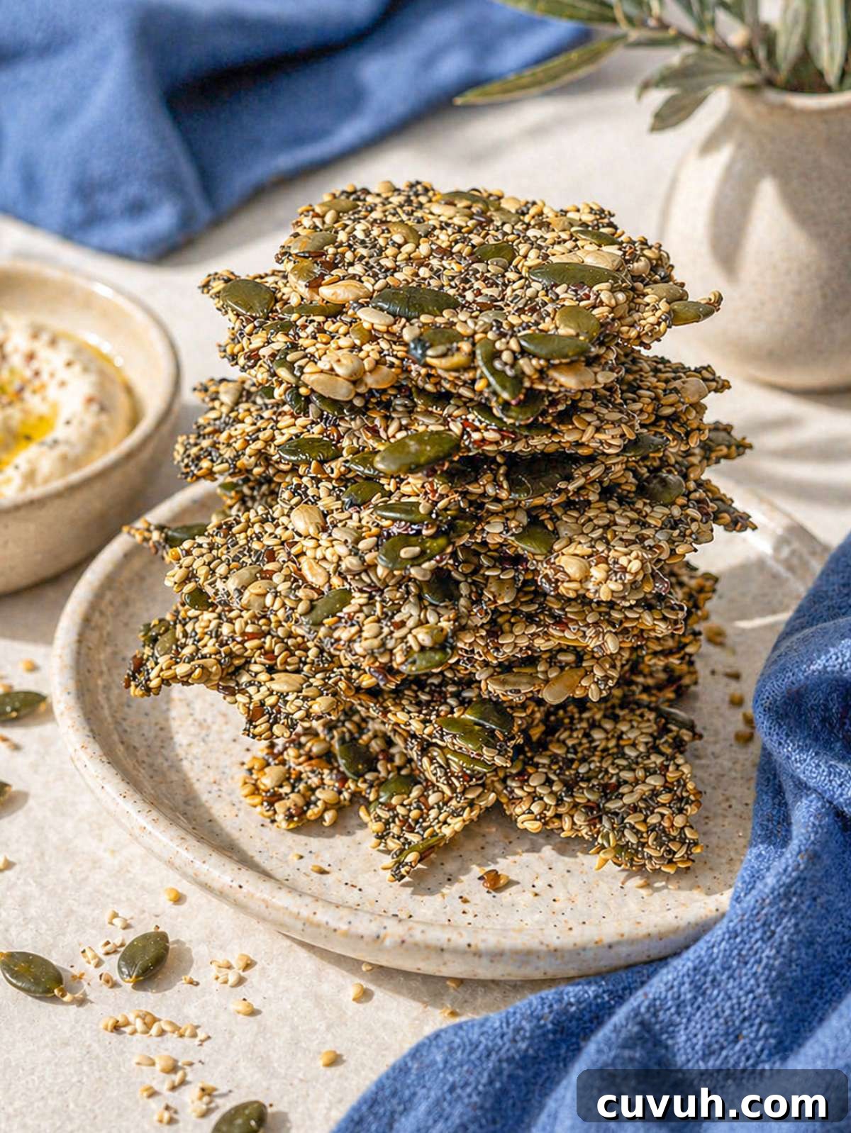 Crispy Seed Crackers: Flour-Free Savory Snack Recipe 4 Stack of crispy seed crackers on a plate with hummus and olive oil in the background.