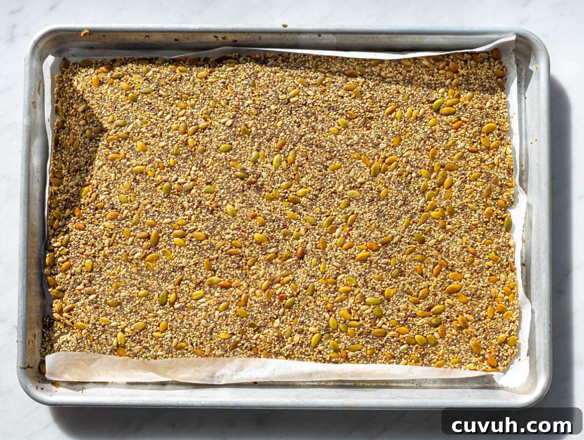 Crispy Seed Crackers: Flour-Free Savory Snack Recipe 7 Step 3 Fully baked seed cracker sheet, golden and dry, ready to cool and break.