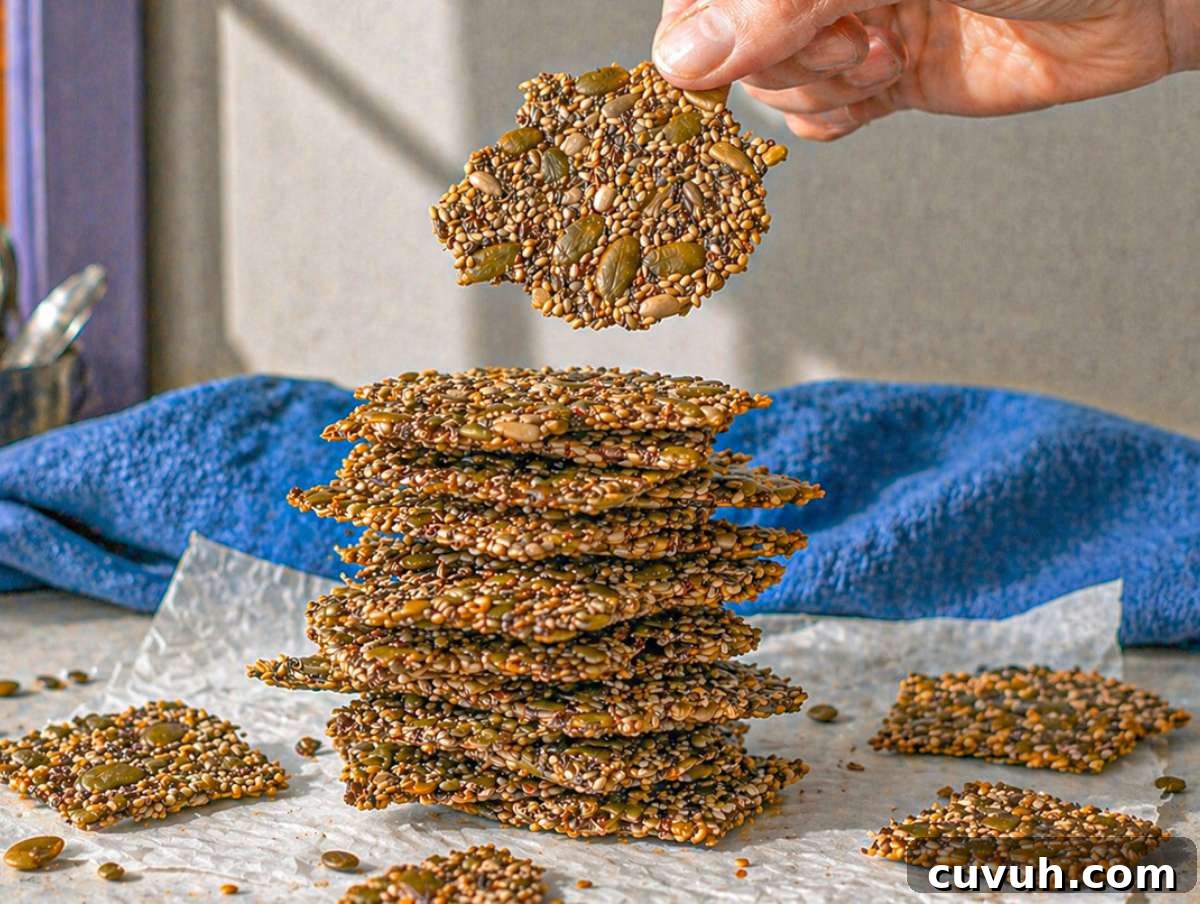 Crispy Seed Crackers: Flour-Free Savory Snack Recipe 8 Step 4 Hand holding a thin seed cracker above a stack of crispy crackers on marble.