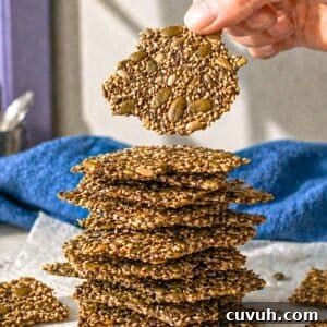 Crispy Seed Crackers: Flour-Free Savory Snack Recipe 9 Seed crackers stacked loosely on a plate with soft natural light on marble.