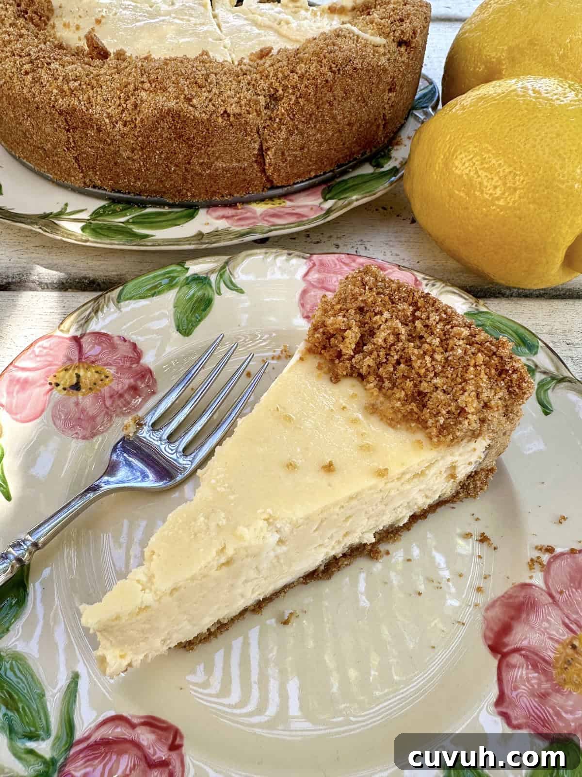 A slice of cheesecake on a plate, with lemons and the rest of the cake.