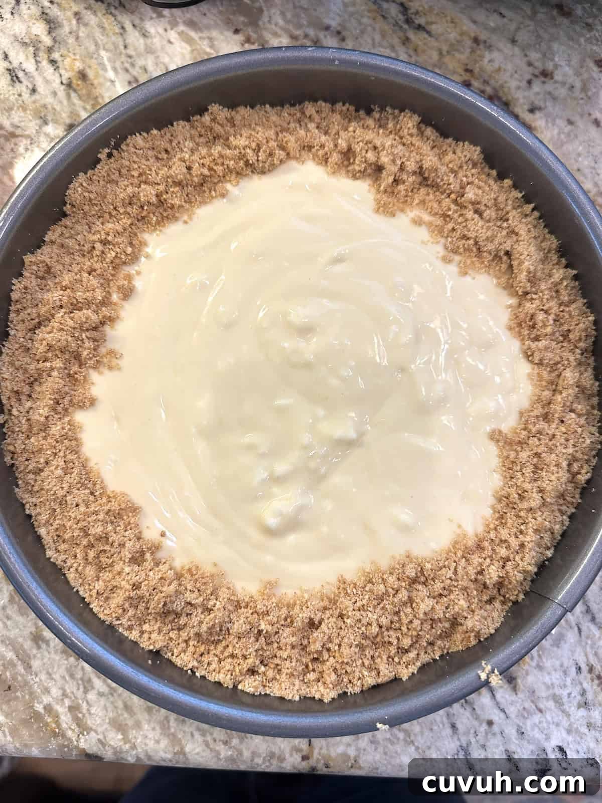 A vanilla cheesecake before being baked, in a pan on a counter.