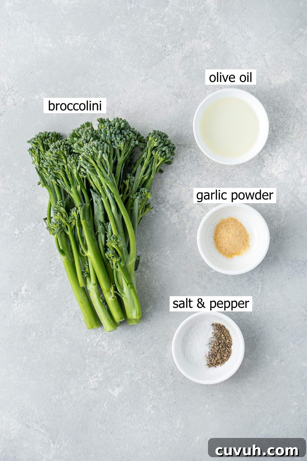 Crispy Air Fryer Broccolini with Lemon Garlic Salsa 3 All ingredients needed to make air fryer broccolini laid out.