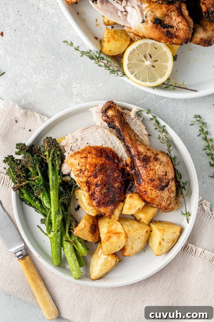 Crispy Air Fryer Broccolini with Lemon Garlic Salsa 8 A roast chicken dinner served with air fryer broccolini.